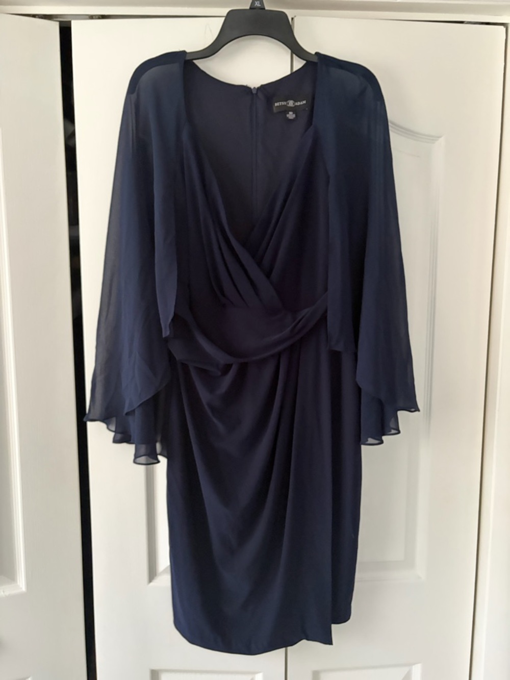 Adam Navy Draped V-Neck Chiffon Sleeve Dress